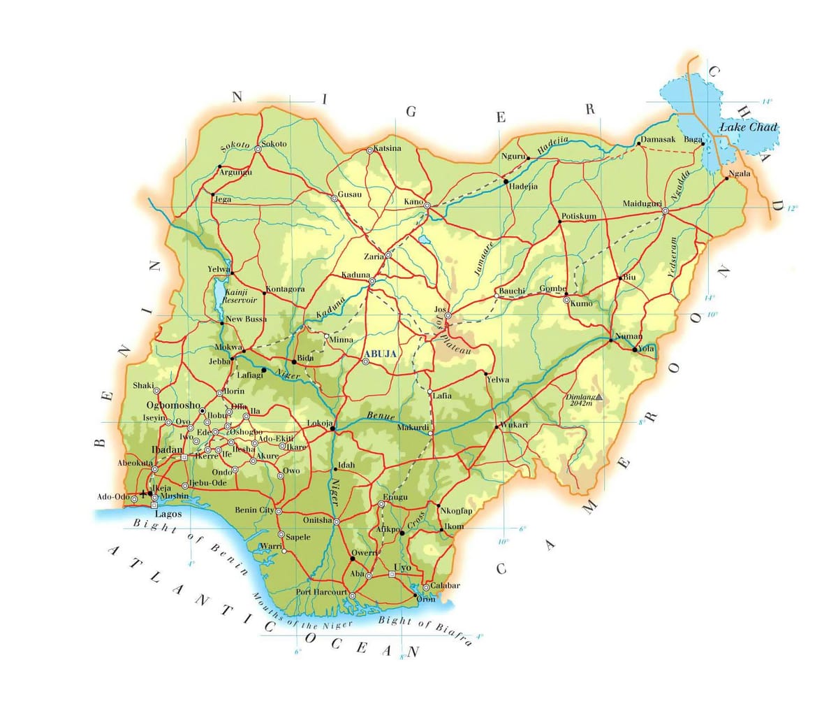 Mapa fyzické nigérie