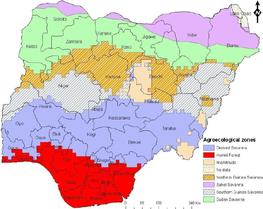 Mapa nigérie ukazuje ekologické zóny