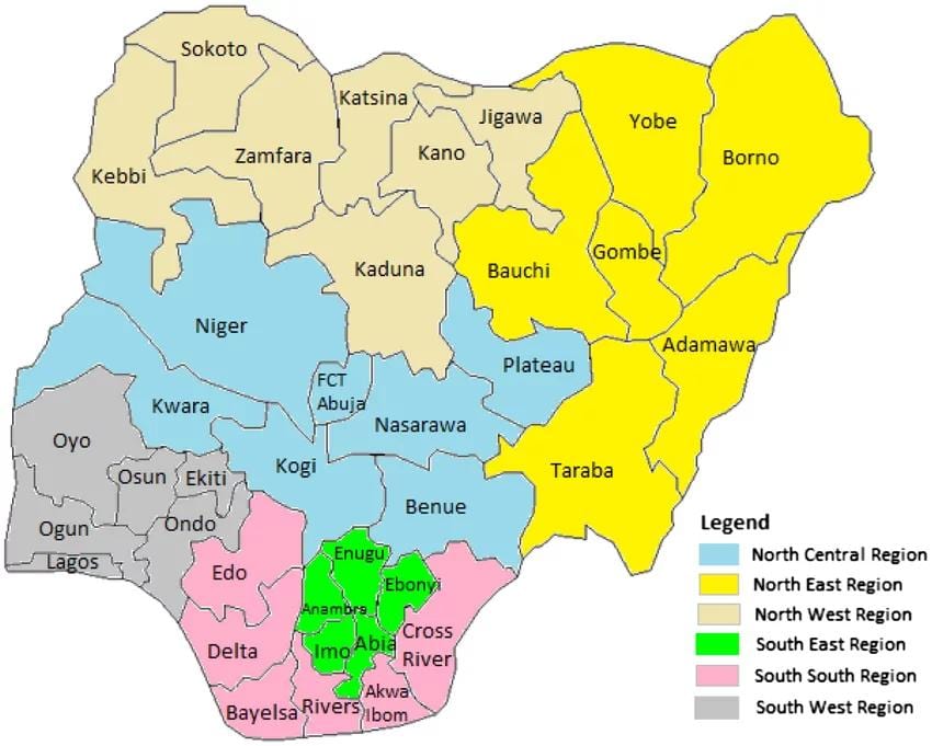 Mapa nigérie ukazuje geopolitických zón