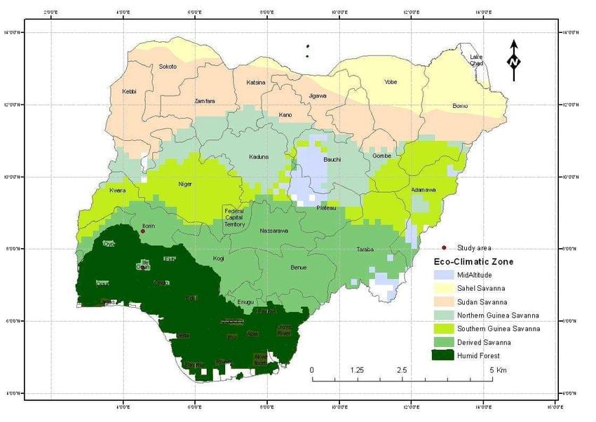 Mapa nigérie ukazující klimatické zóny