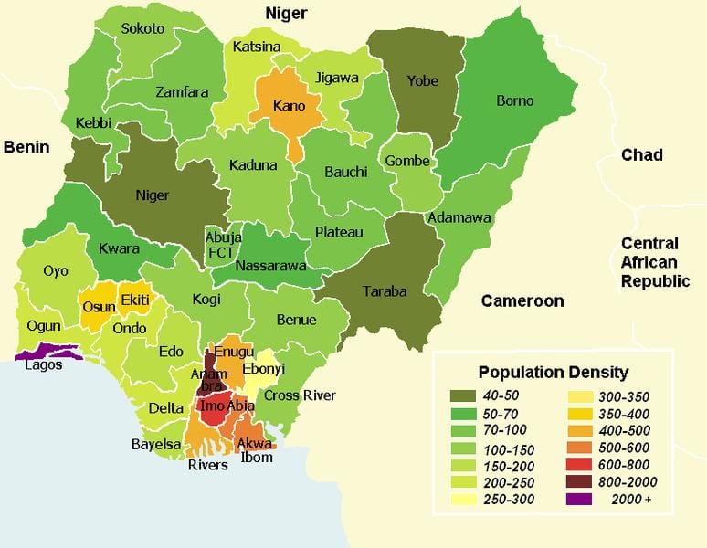 Mapa nigérie ukazuje rozložení obyvatelstva