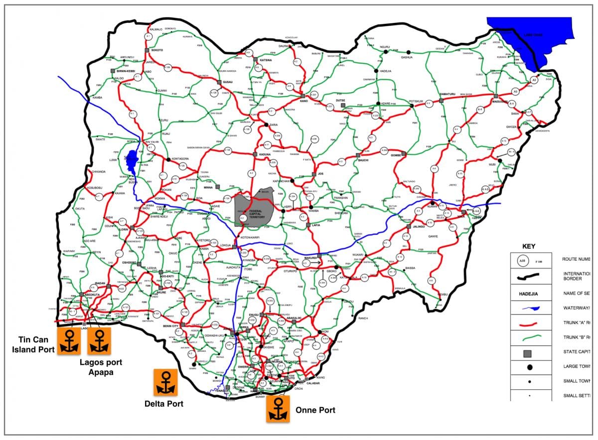 Mapa nigérie zobrazující silniční síť