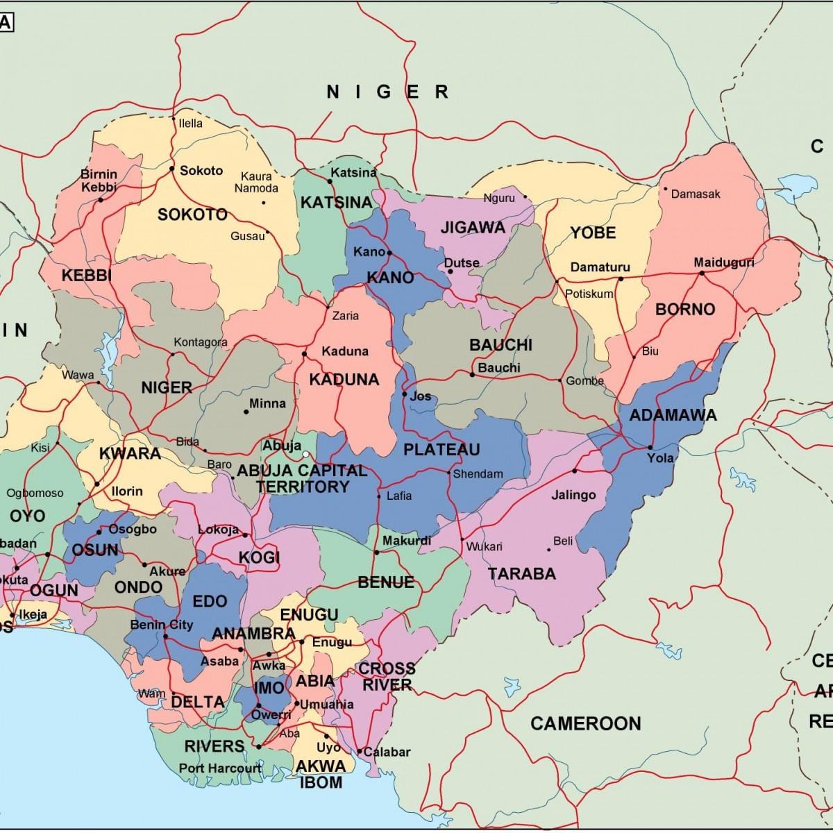 Mapa nigérie se státy a města