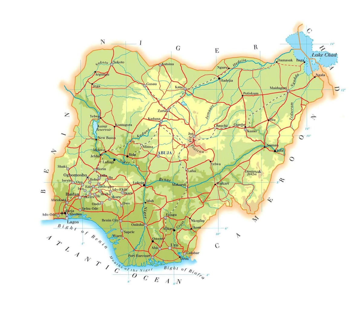 Mapa nigérie nadmořská výška
