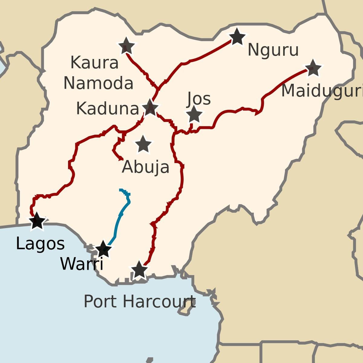 mapa nigérie ukazuje železničních tratí