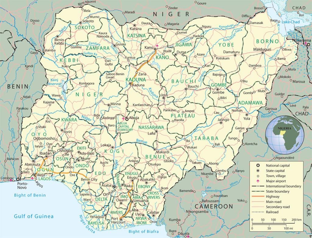 mapa nigérie ukazuje, státy a hlavní města