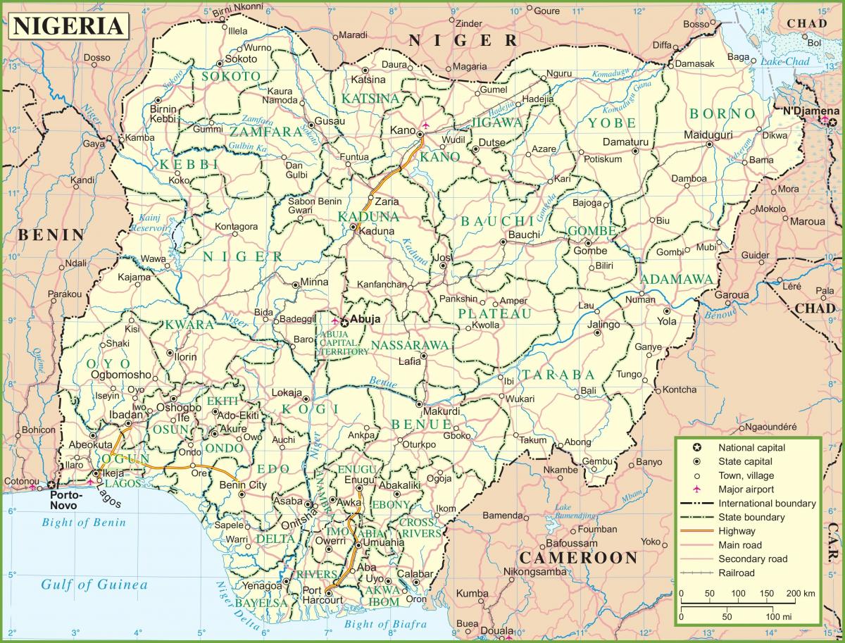 mapa nigérie ukazuje hlavní silnice