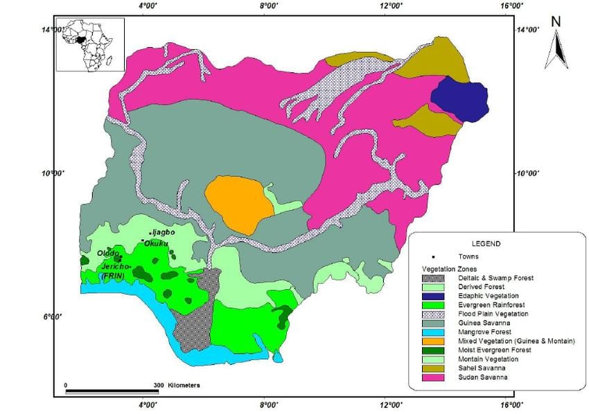 mapa nigérie ukazuje, vegetace